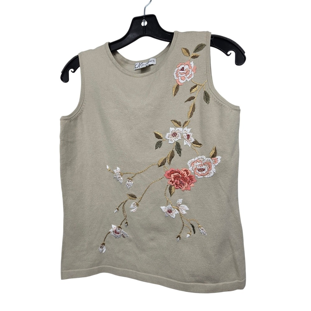Vintage 90s Y2K Sweater Knit Tank Top Women S Beige Floral Embroidered Shell